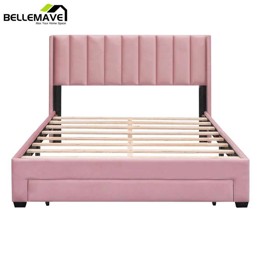 Queen Size Pink Velvet Upholstered Platform Bed with Drawer A7