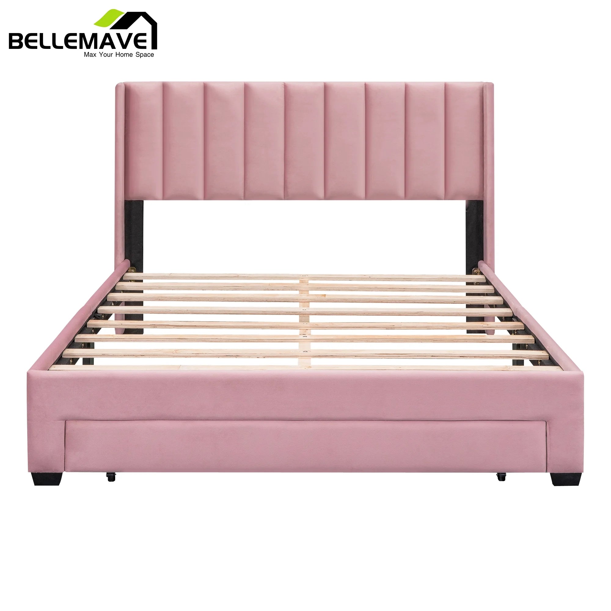Queen Size Pink Velvet Upholstered Platform Bed with Drawer A7