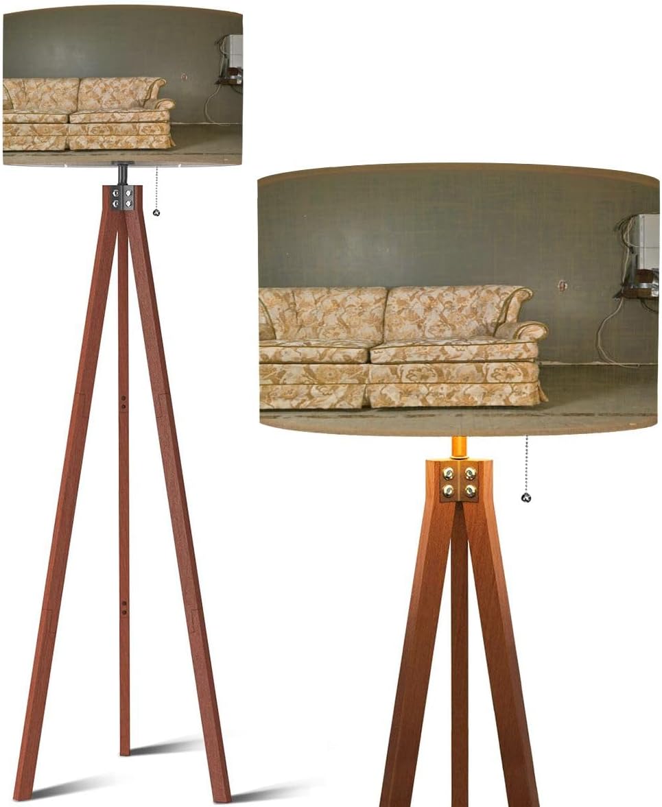 Wood Tripod Floor Lamp derelict couch Modern Standing Lamp Linen Lampshade Dimmable Tall Lamp Mid Century Floor Lamp for Living Room Bedroom
