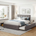 Quee Platform Bed Frame With XL Trudle Ad Drawers, Upholstered Storage Platform Bed With Headboard For Bedroom Guest Room, Lie Fabric, Light Gray