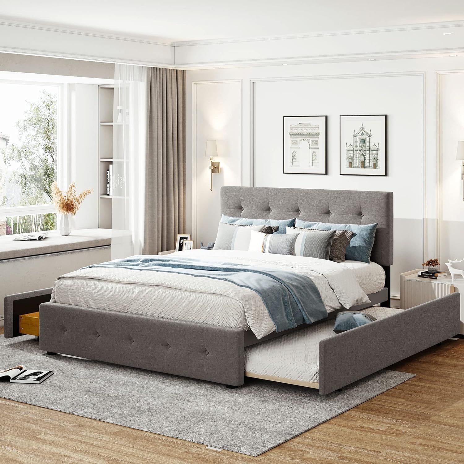Quee Platform Bed Frame With XL Trudle Ad Drawers, Upholstered Storage Platform Bed With Headboard For Bedroom Guest Room, Lie Fabric, Light Gray