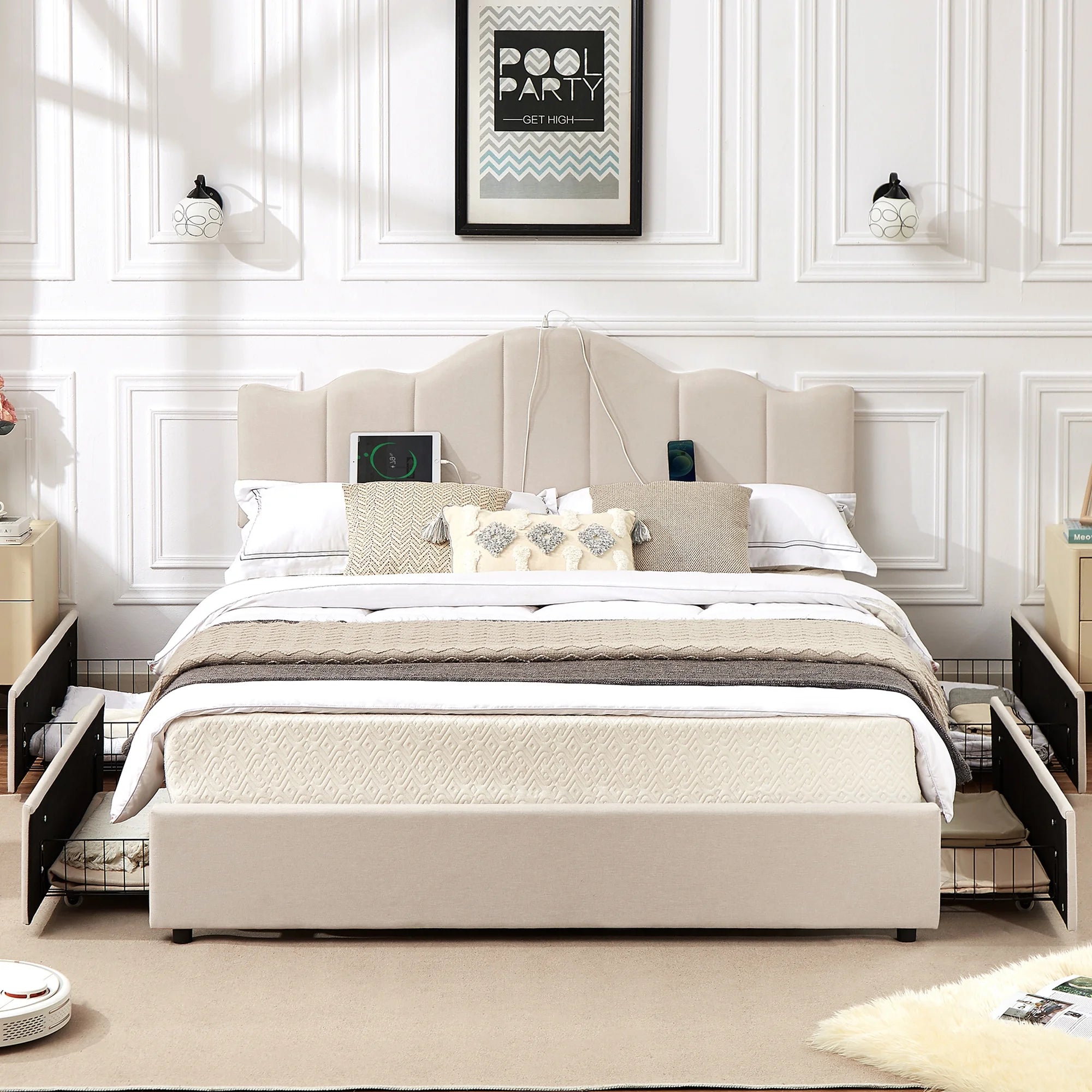 Queen Bed Frame with 4 Drawers and Charging Stations a7