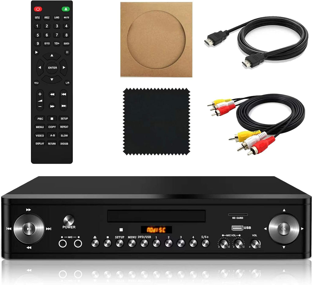 HD DVD Player for TV Upscaling 1080P, All Region DVD Players with HDMI Support USB/SD Card/Dual Microphone Input, Region Free CD & DVD Player with Stereo Dolby Sound, NTSC/PAL System, Remote Control
