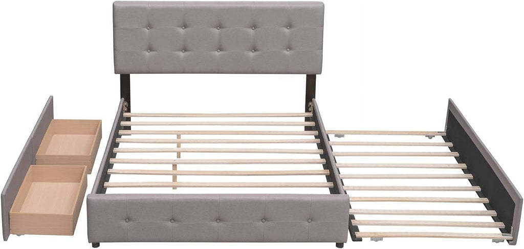 Upholstered Platform Bed with Storage Drawers, Light Gray Q7