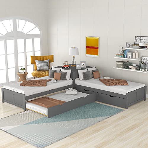 Harper & Bright Designs L-Shaped Corner Platform Beds with Trundle, Wood Double Twin Size Beds with 2 Drawers, Built-in Table for Family Kids Teens Bedroom Furniture (Grey)