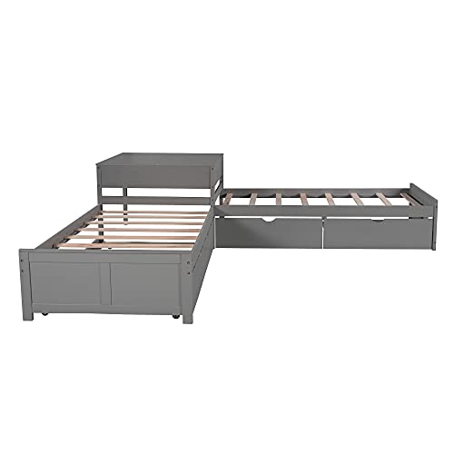 L-Shaped Corner Platform Bed with Trundle and Drawers Grey 7k