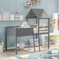 Gray Twin Size Wood House Loft Bed with Roof, Guardrail, Ladder