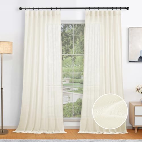 Natural Pinch Pleated Curtains 2 Panels, Linen Textured Semi Sheer 84 Inch, Light Filtering Voile Drapes a7