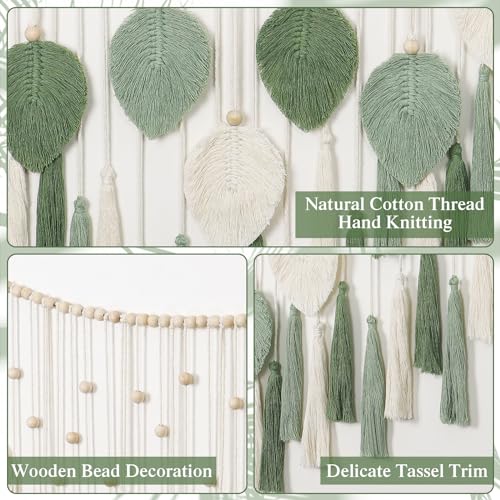 Macrame Wall Hanging Beige Green Boho Tapestry Wooden Beads Handmade Decor k7