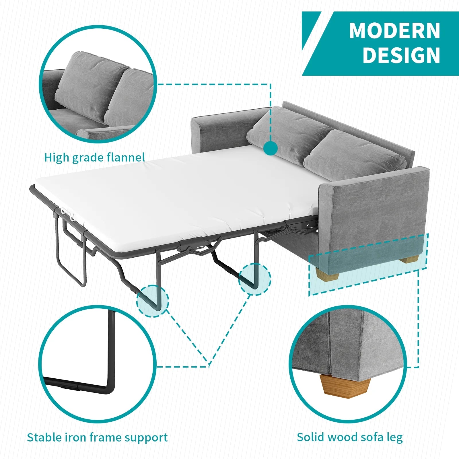 Pull Out Sofa Bed with Foam Mattress, 2-in-1 Sleeper Couch Grey k7