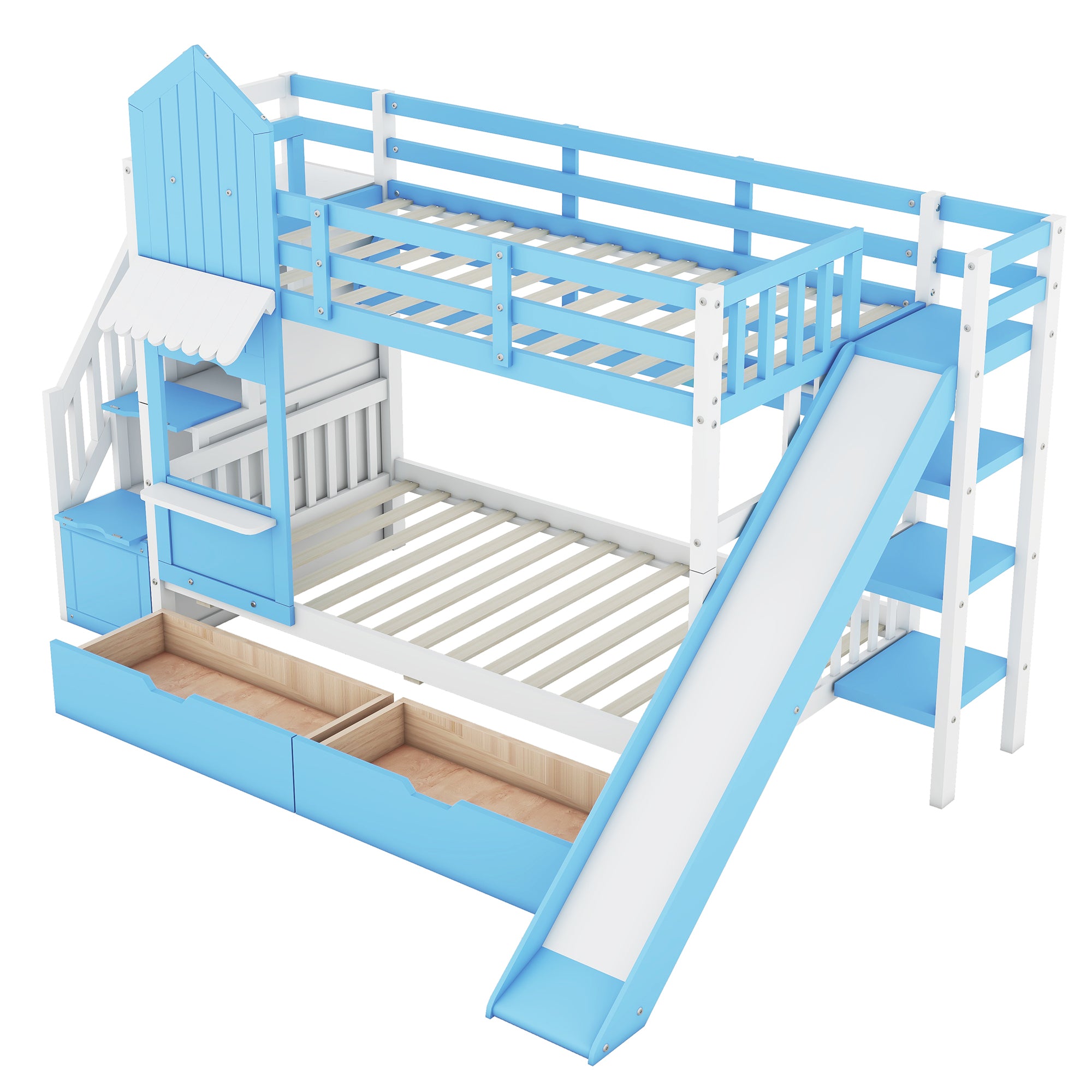 Kids Twin Bunk Bed with Slide and Drawers a7