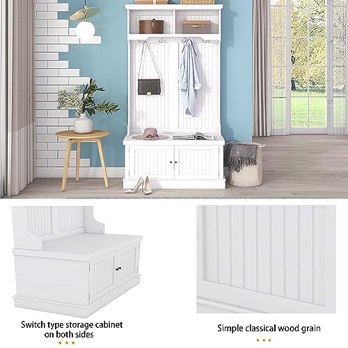 Hall Tree with Shoe Bench and 4 Hooks White k7
