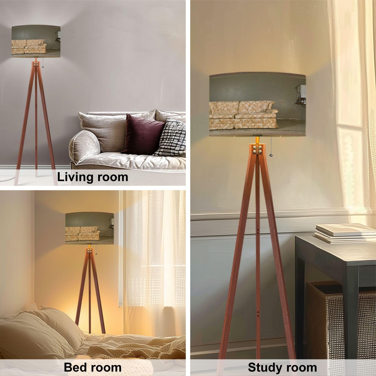 Wood Tripod Floor Lamp Linen Shade Dimmable Tall a7
