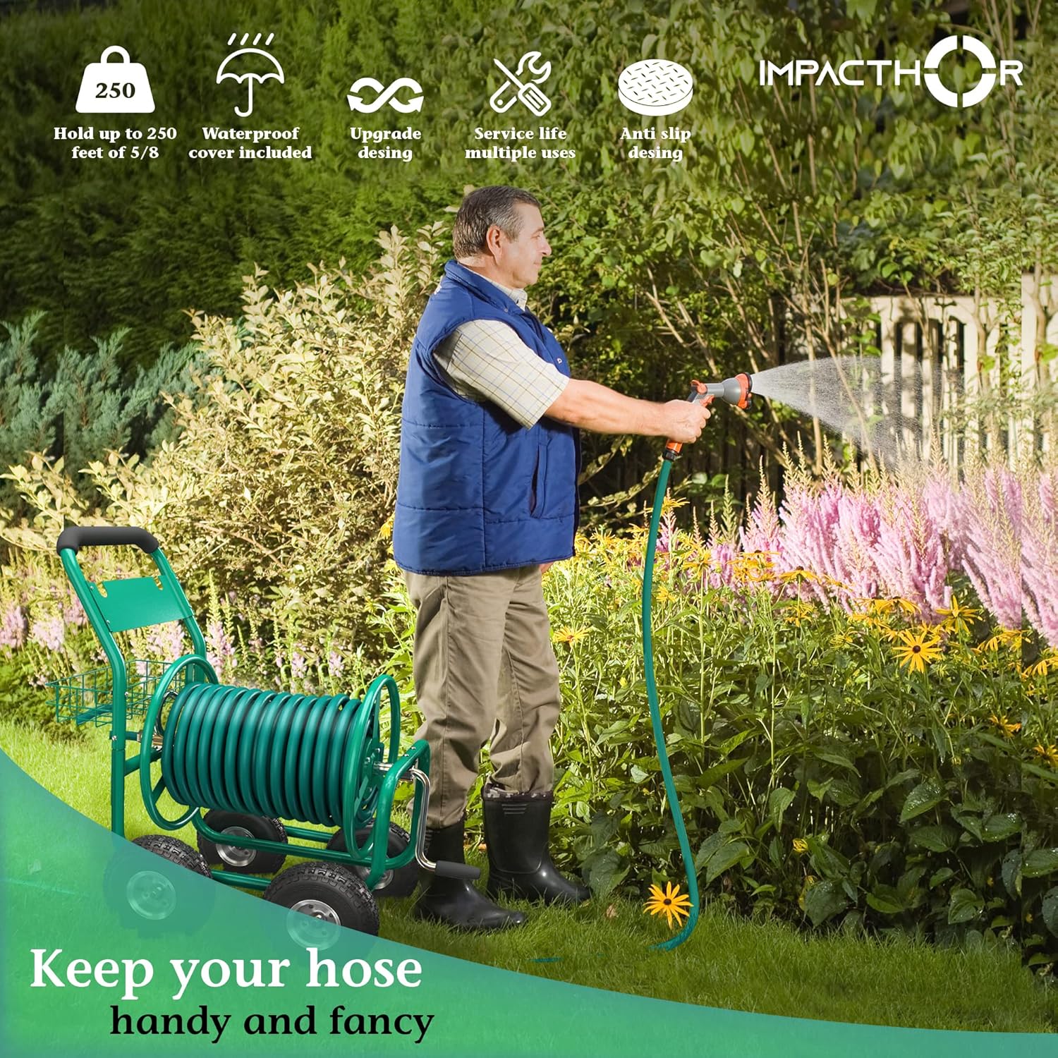 Garden Hose Reel Cart with Wheels, Heavy Duty, Waterproof Cover A7