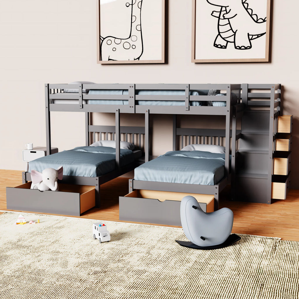 Twin & Twin Bunk Bed with Drawers and Guardrails k7