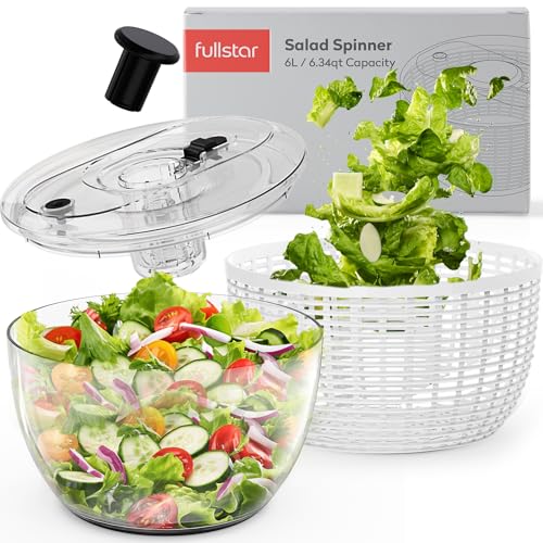 Fullstar Large Salad Spinner- Lettuce Spinner, Fruit Washer Spinner, Fruit Dryer Spinner, Fruit Spinner Dryer, Fruit Cleaner Spinner, Salad Spinners Salad Dryer, Vegetable Spinner - 6.3 Quart (White)