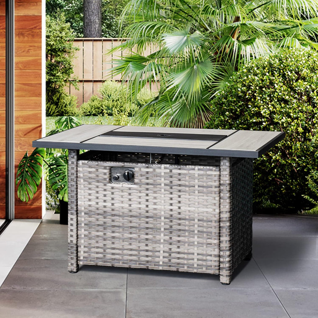 ovios Fire Pit Table 42 inch Outdoor Rectangle Gas Fire Table with Lid, 50,000 BTU, Propane Fire Pit Table Wicker Rattan Patio Dinning Table for Yard Garden Porch, Grey Wicker