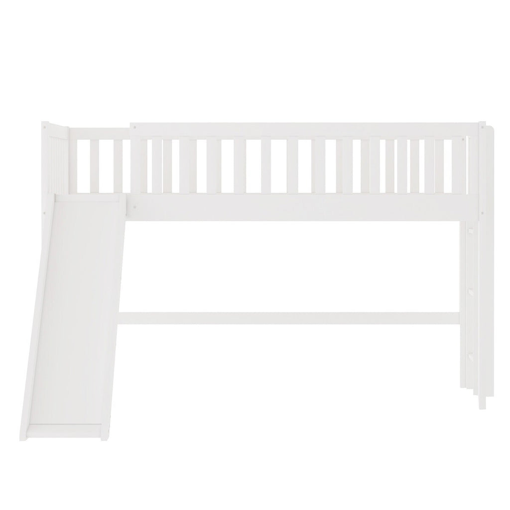 Wooden Low Loft Bed with Slide and Ladder White k7