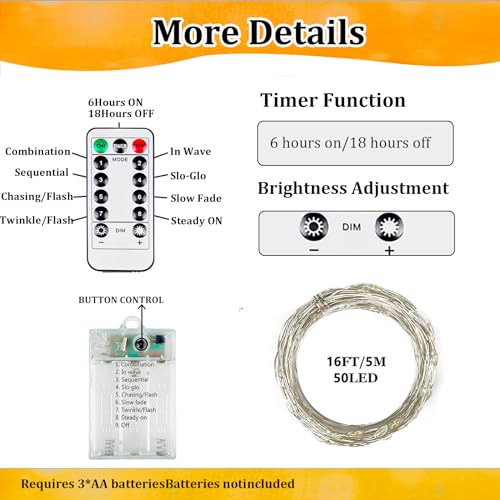 50 LED Fairy Lights Battery Operated with Remote Timer 16FT Warm White a7
