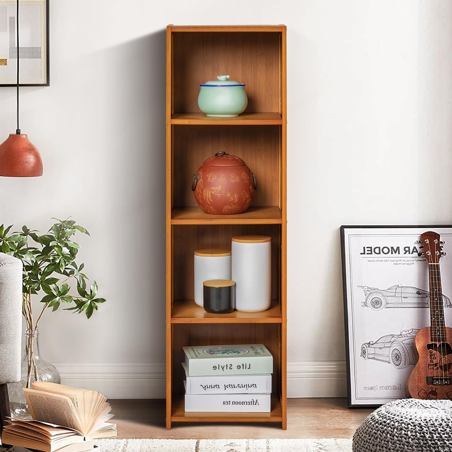 4-Tier Narrow Bookcase Brown Bamboo Storage Cabinet A7