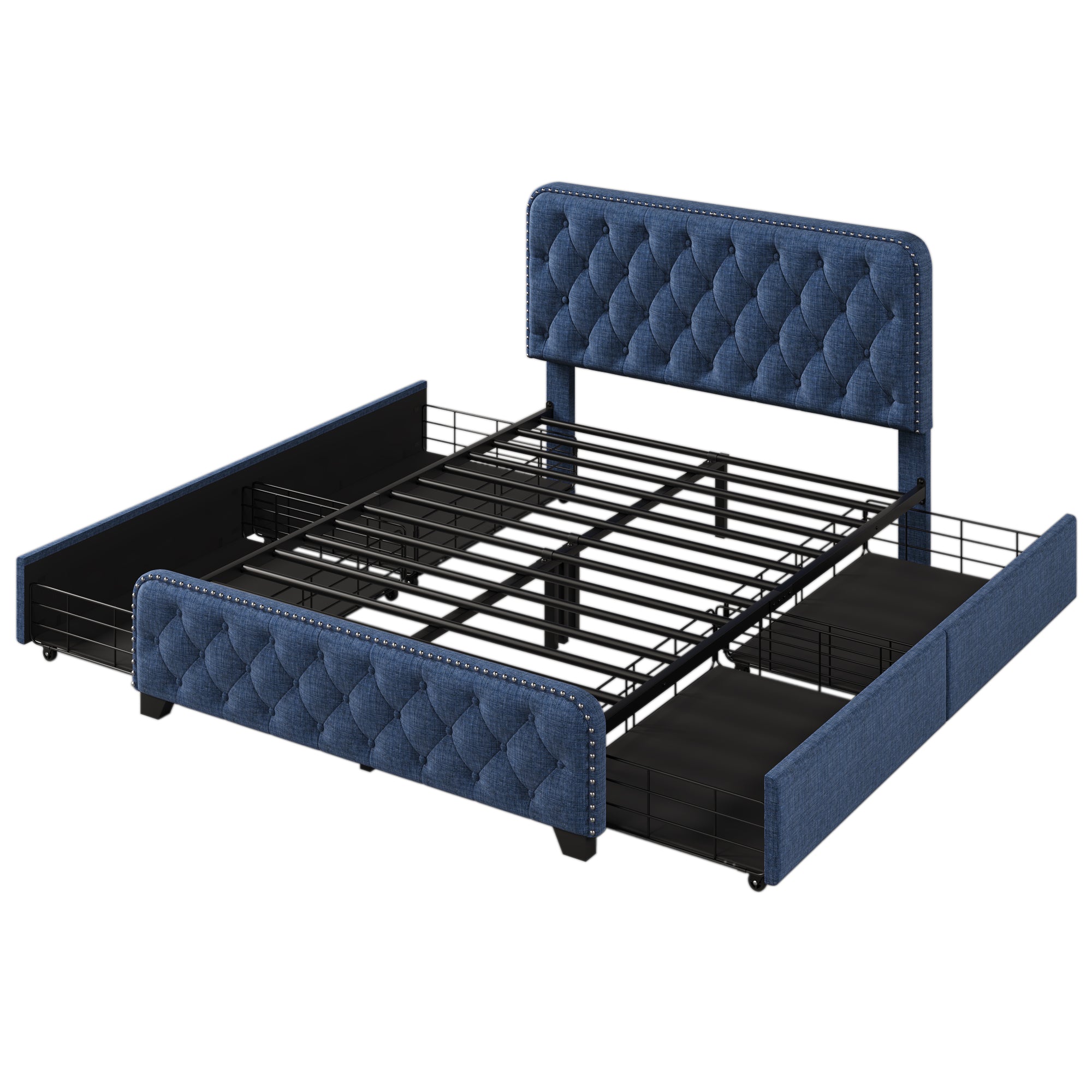 Upholstered Platform Bed Frame with Drawers, Tufted Headboard, Full A7