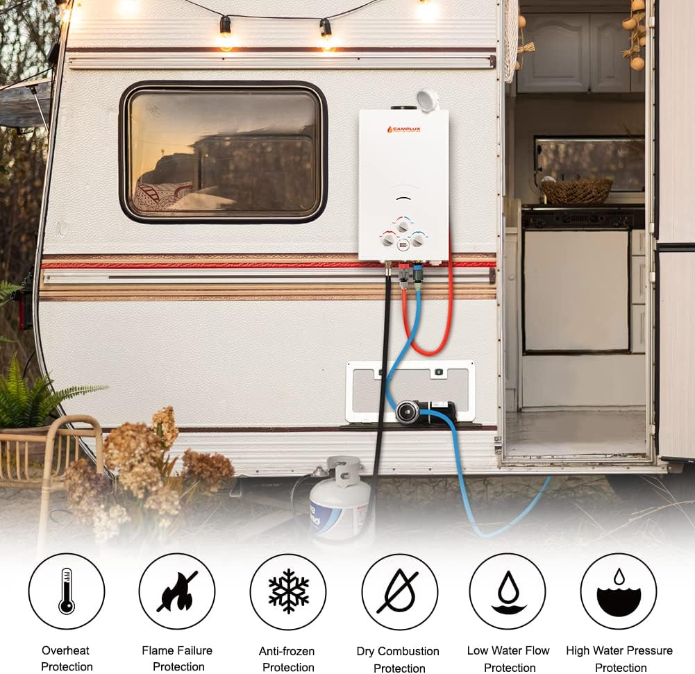 Camplux Propane Portable Tankless Water Heater Outdoor 2.64 GPM Instant Hot Camping Showers with 3.3 GPM Water Pump & Pipe Strainer k7m