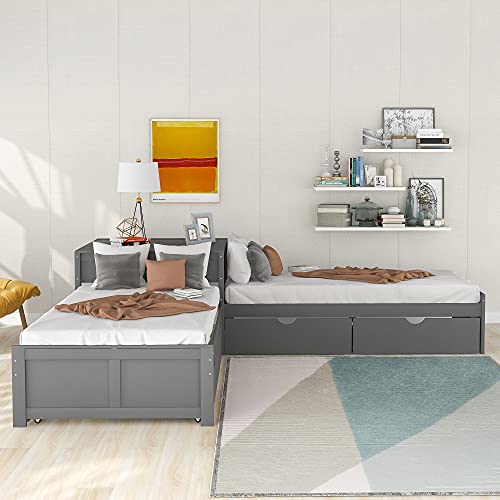 L-Shaped Corner Platform Bed with Trundle and Drawers Grey 7k