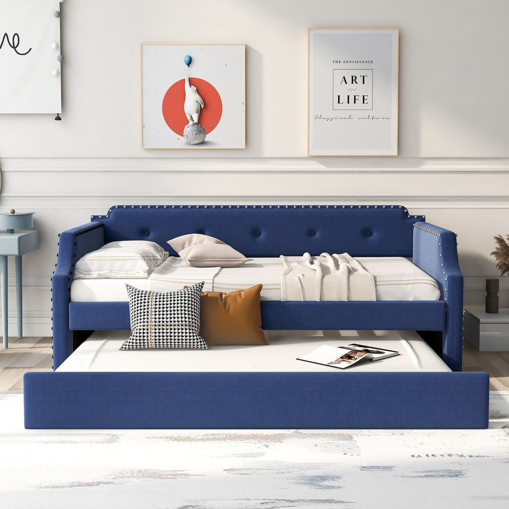 Twin Upholstered Daybed with Trundle Blue k7