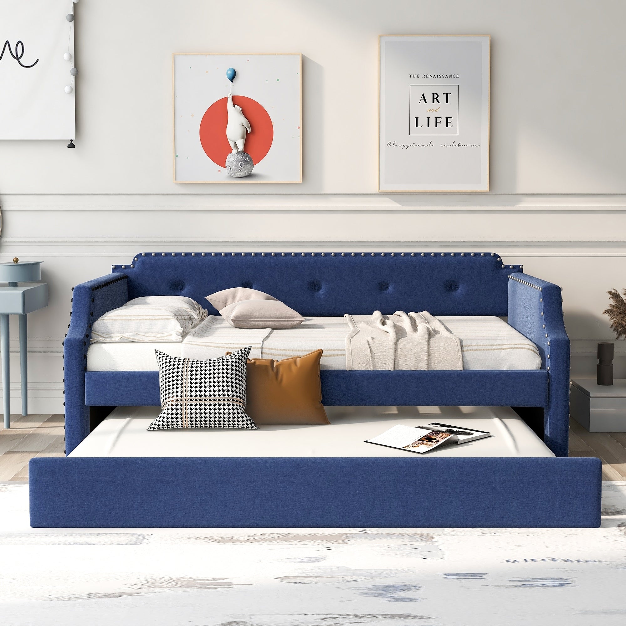 Twin Upholstered Daybed with Trundle Blue k7