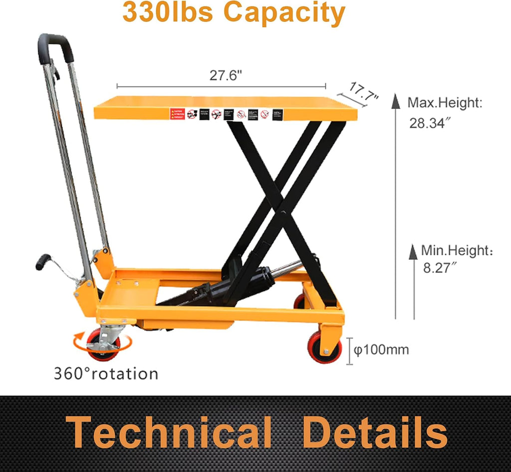 Hydraulic Lift Table Cart Manual Scissor 330 lbs Capacity 7k