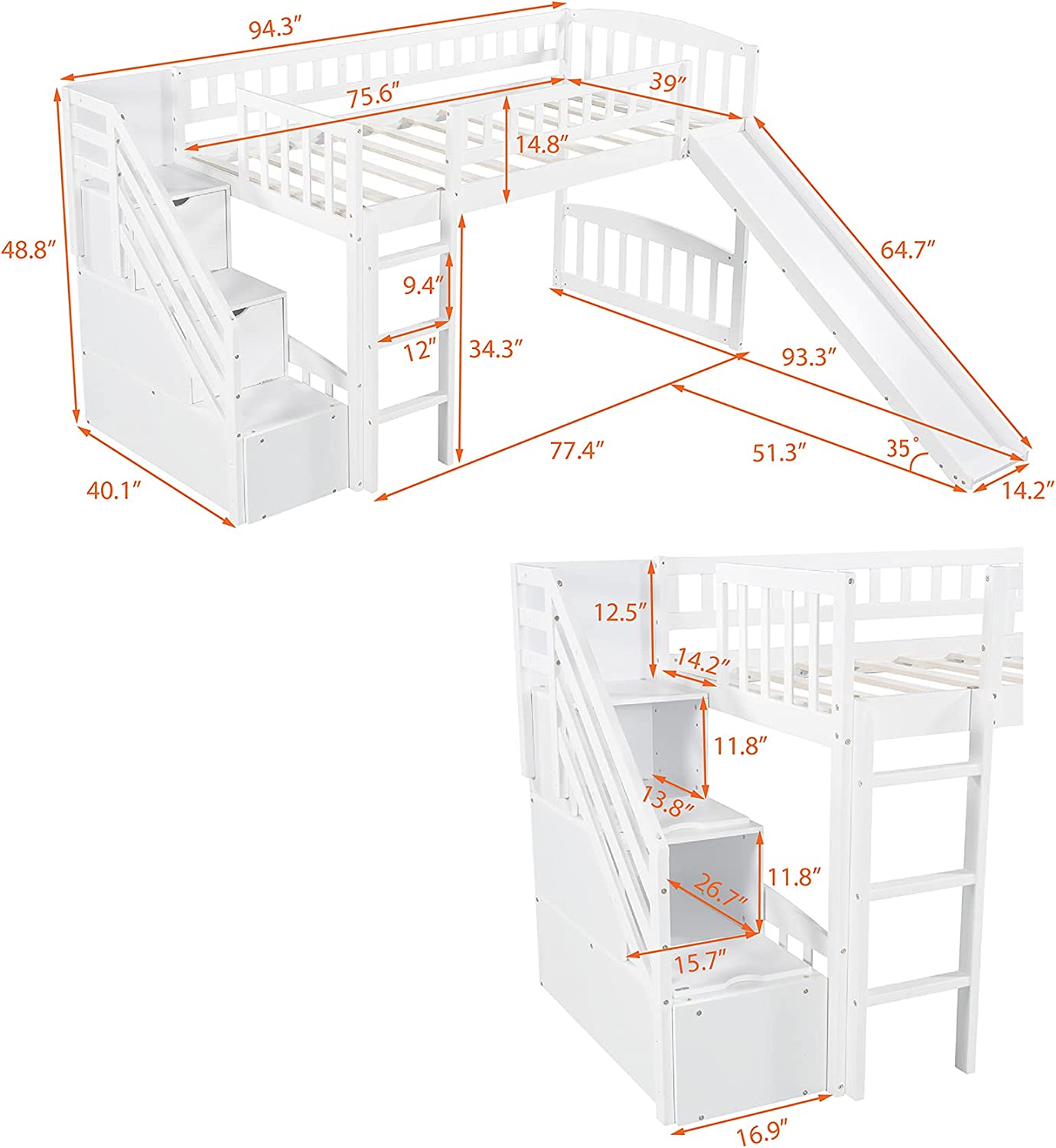 Loft Bed with Slide and Stairs, Wooden Frame with Storage, White k7