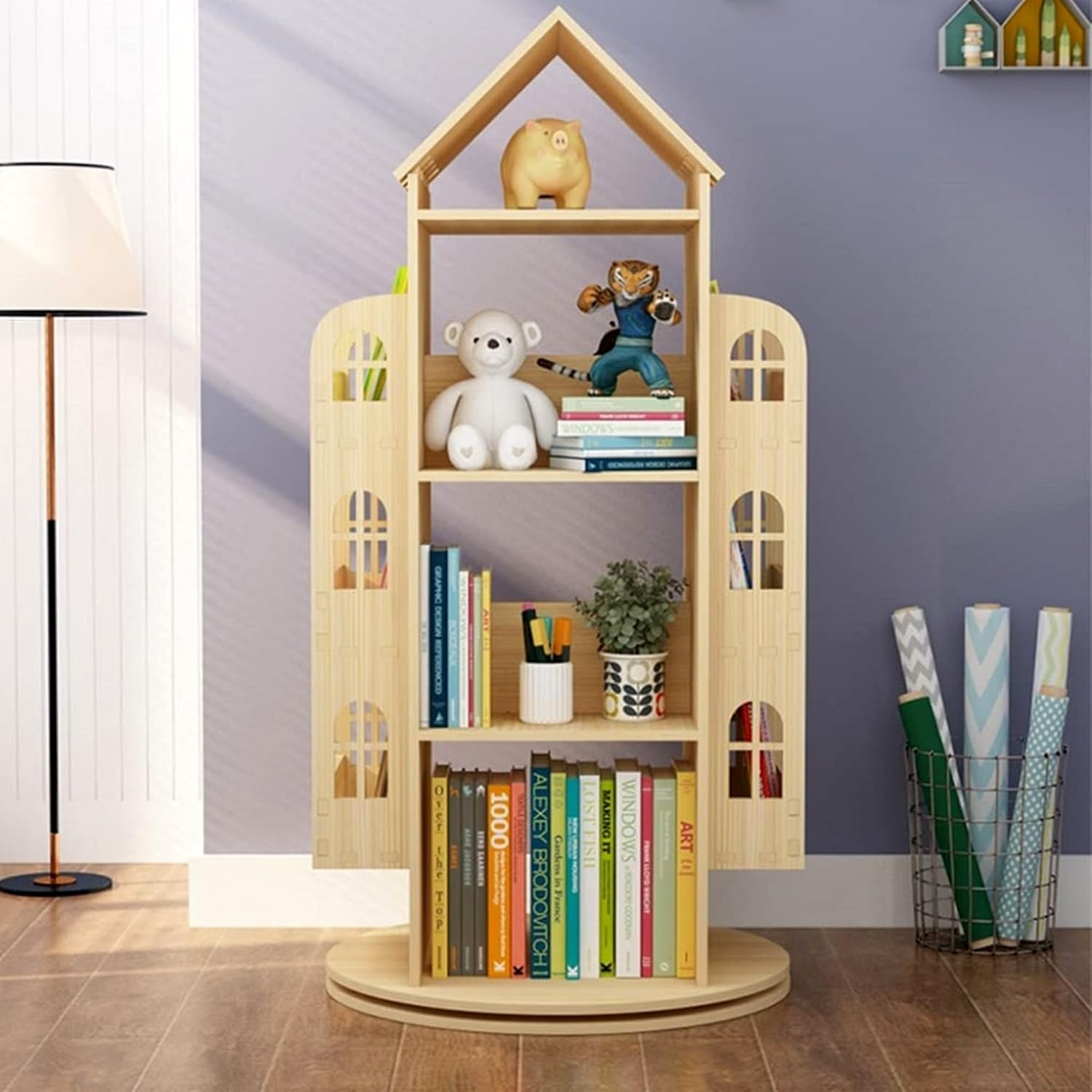 4-Tier Rotating House-Shaped Bookshelf for Home Office a7