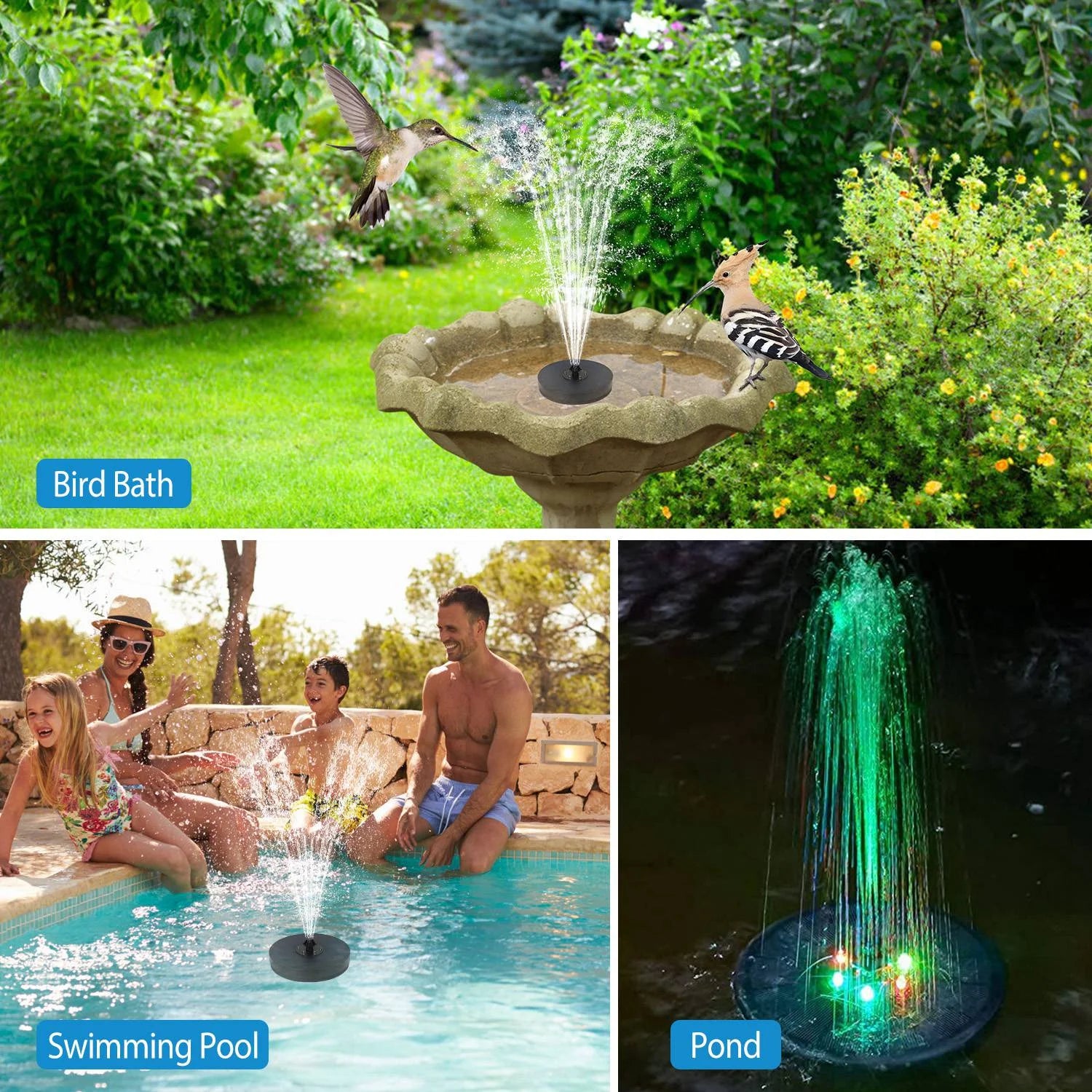 Solar Powered Fountain Pump Floating Bird Bath Pond Pump LED Lights 7 Nozzles k9