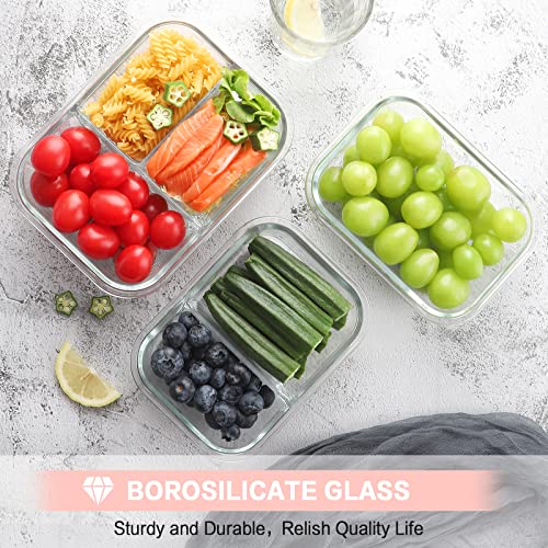 Glass Meal Prep Containers 3 Compartment with Lids Airtight Bento Boxes BPA-Free Leak Proof Grey k7