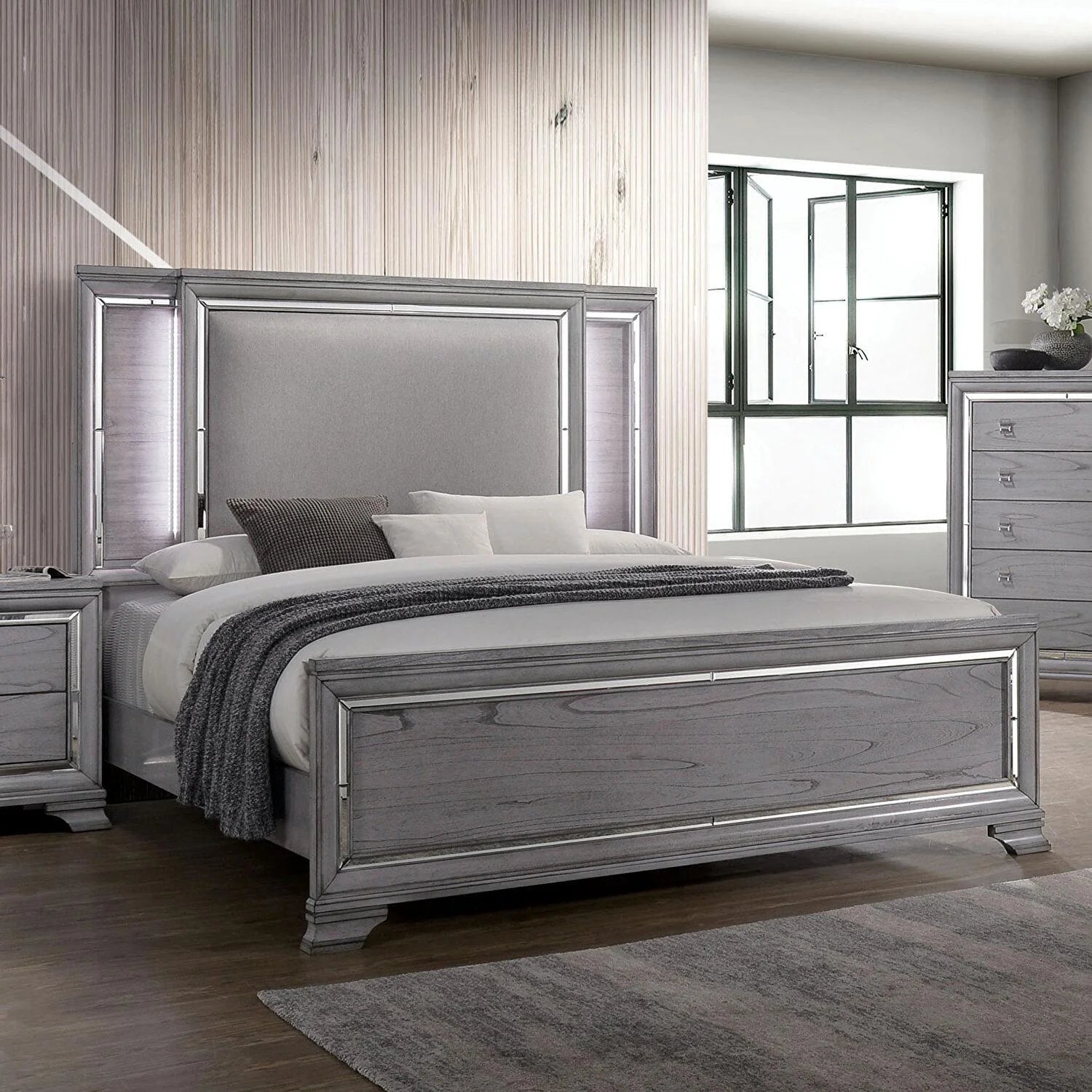 Light Gray Solid Wood Queen Bedroom Set 6pcs A7