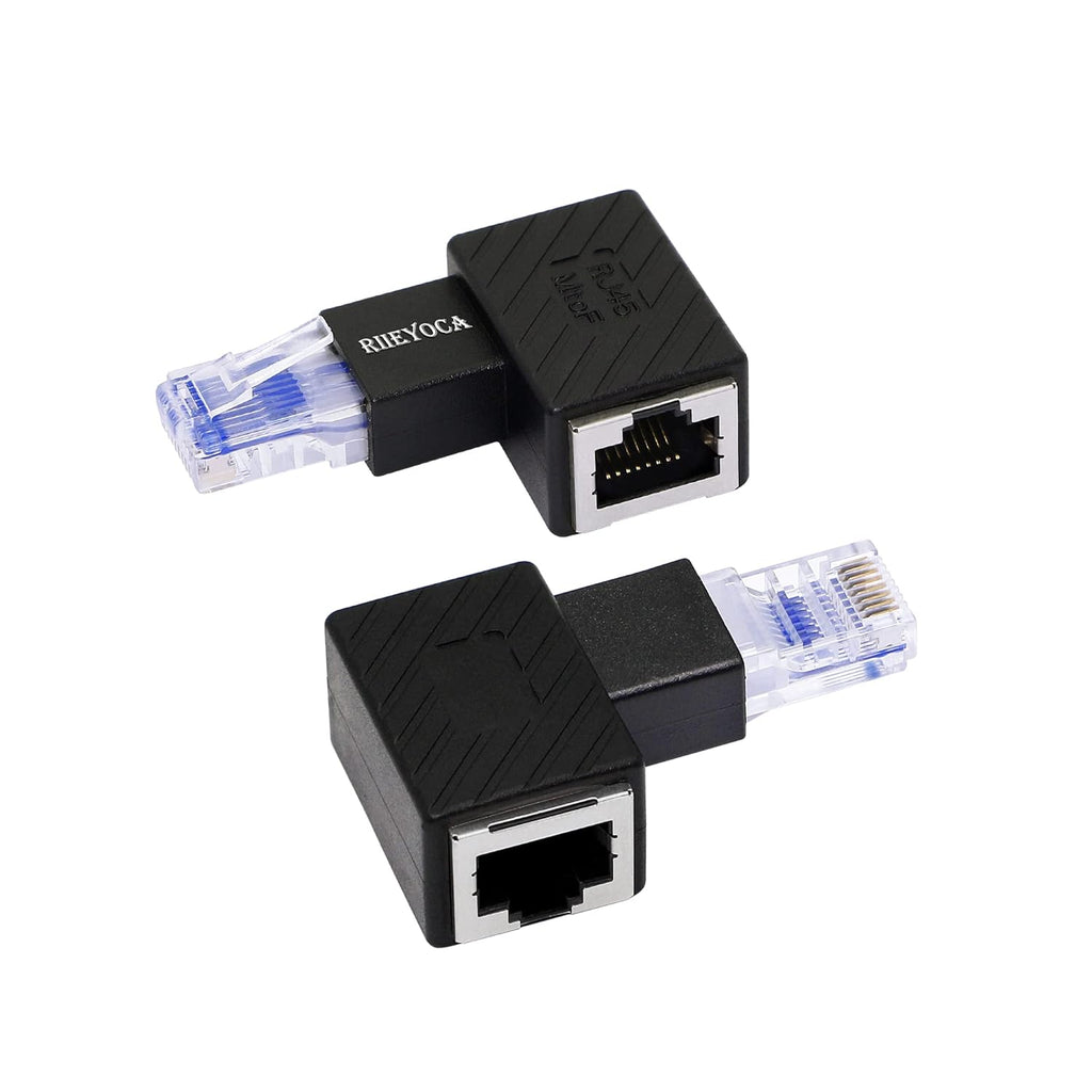 RIIEYOCA Right Angle Ethernet Adapter, 90 Degree RJ45 Male to Female Extension Cat6 LAN Network Connector for Computers, Laptops, Routers(2-Pack) Black(R)