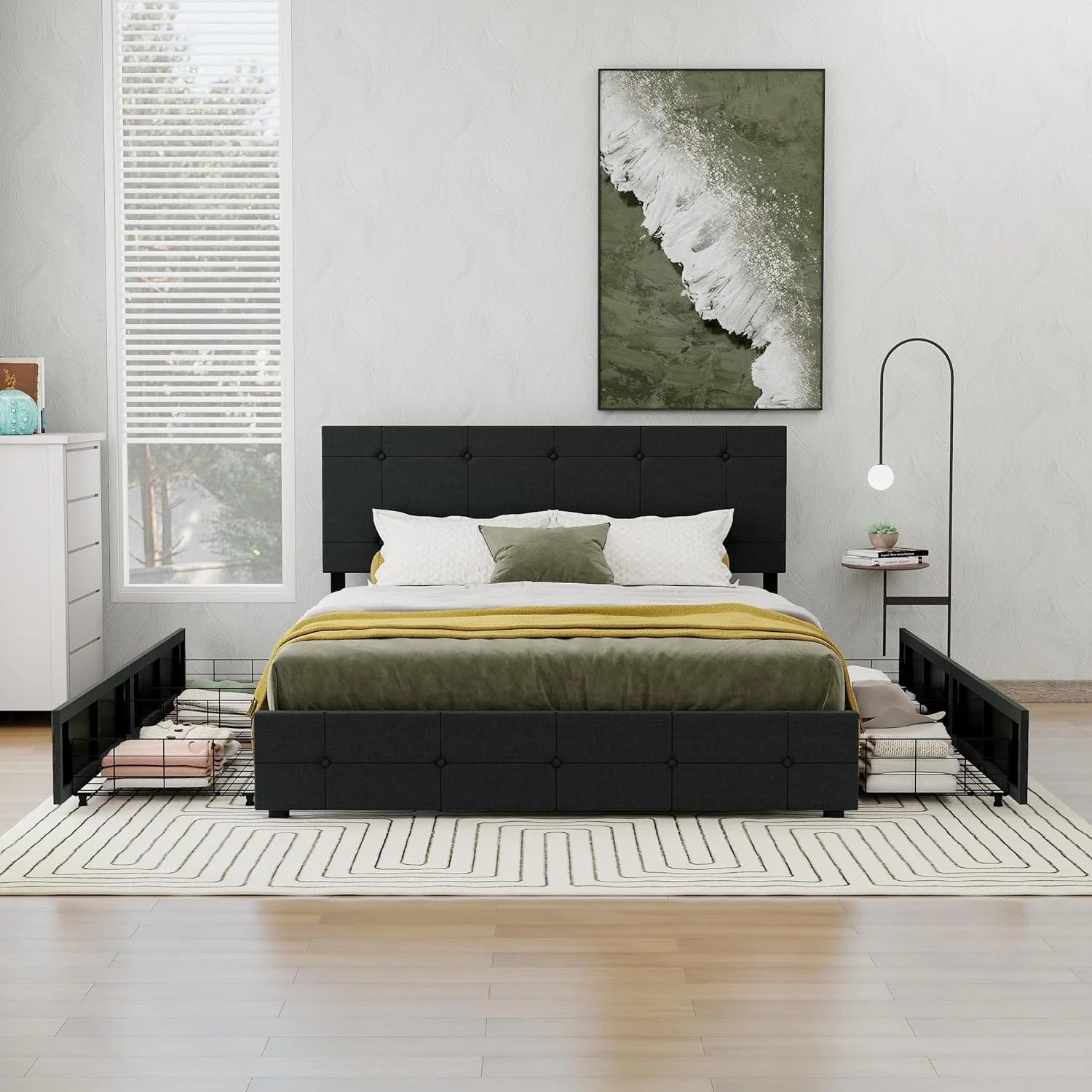 Linen Upholstered Queen Platform Bed Frame with 4 Drawers K7