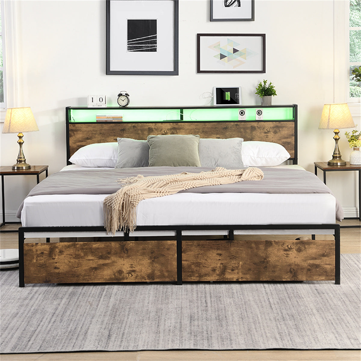 Bed Frame with Storage Headboard and Charging Station k7