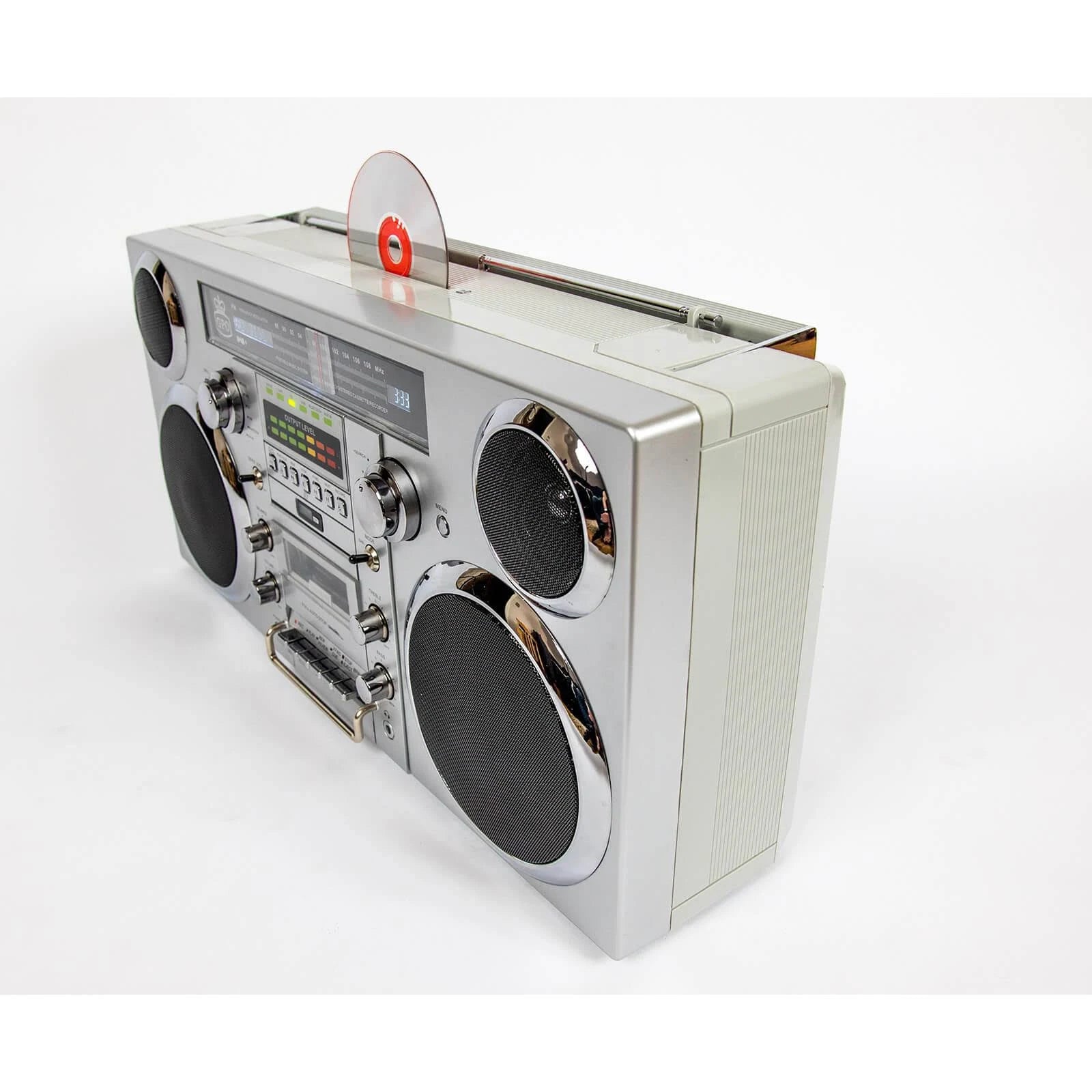 Bluetooth Boombox 80W CD Cassette FM USB Silver k7