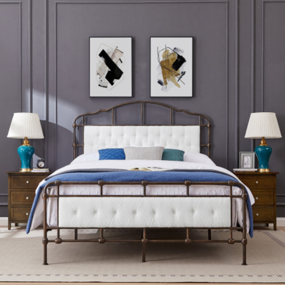 Queen size metal bed frame with soft headboard and tail a7