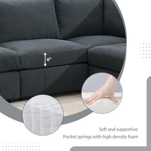 93" L-Shaped Sectional Sofa with 2 Ottomans, Dark Grey Corduroy q7