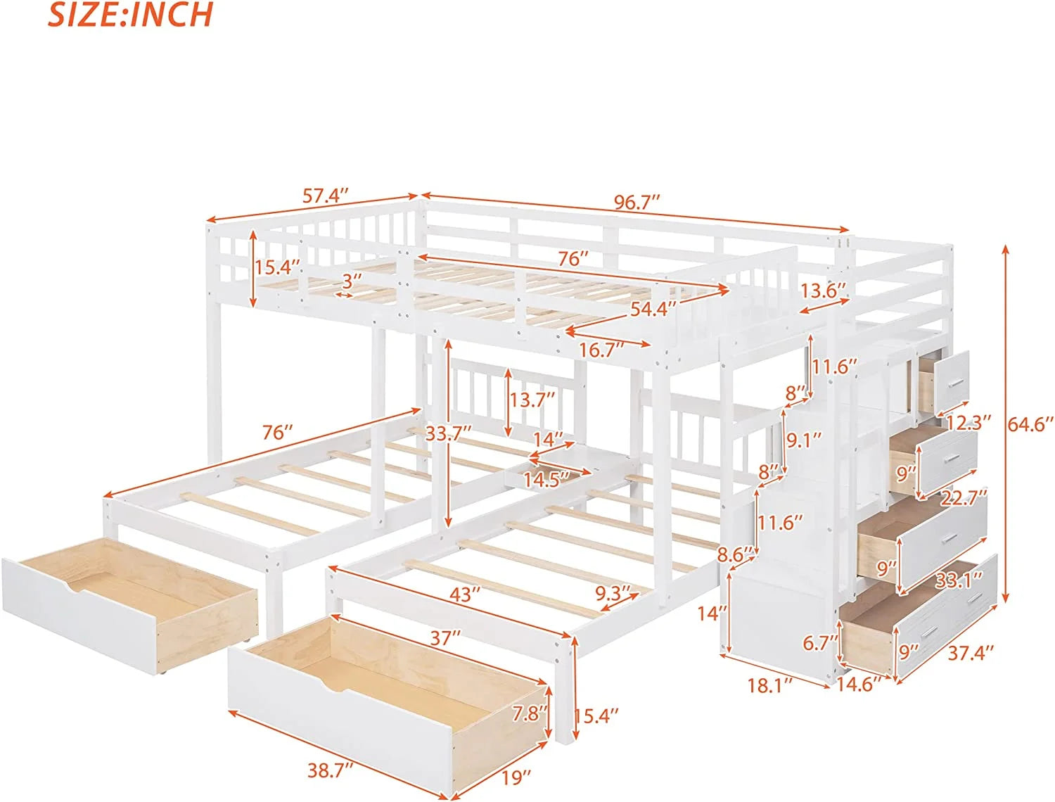 Twin & Twin Bunk Bed with Drawers and Guardrails k7