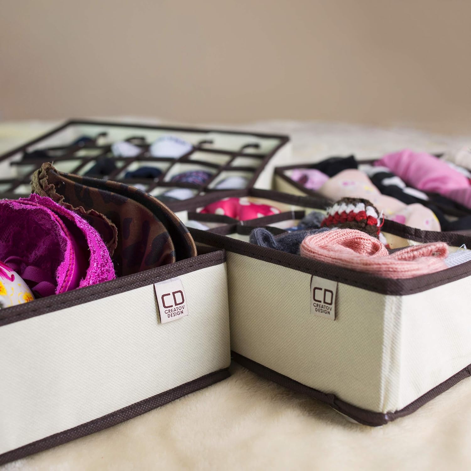 Fabric Storage Box Organizer Set of 4 Beige Collapsible q7