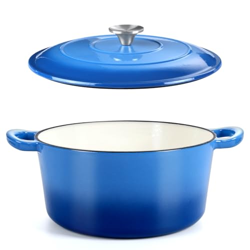HaSteeL 6 Quart Cast Iron Dutch Oven, Pre-seasoned Enamel Cooking Stock Pot with Lid, Non-stick Round Cookware for Sourdough Bread Baking Roasting Stewing Braising Frying, Heavy Duty & Oven Safe (Red)