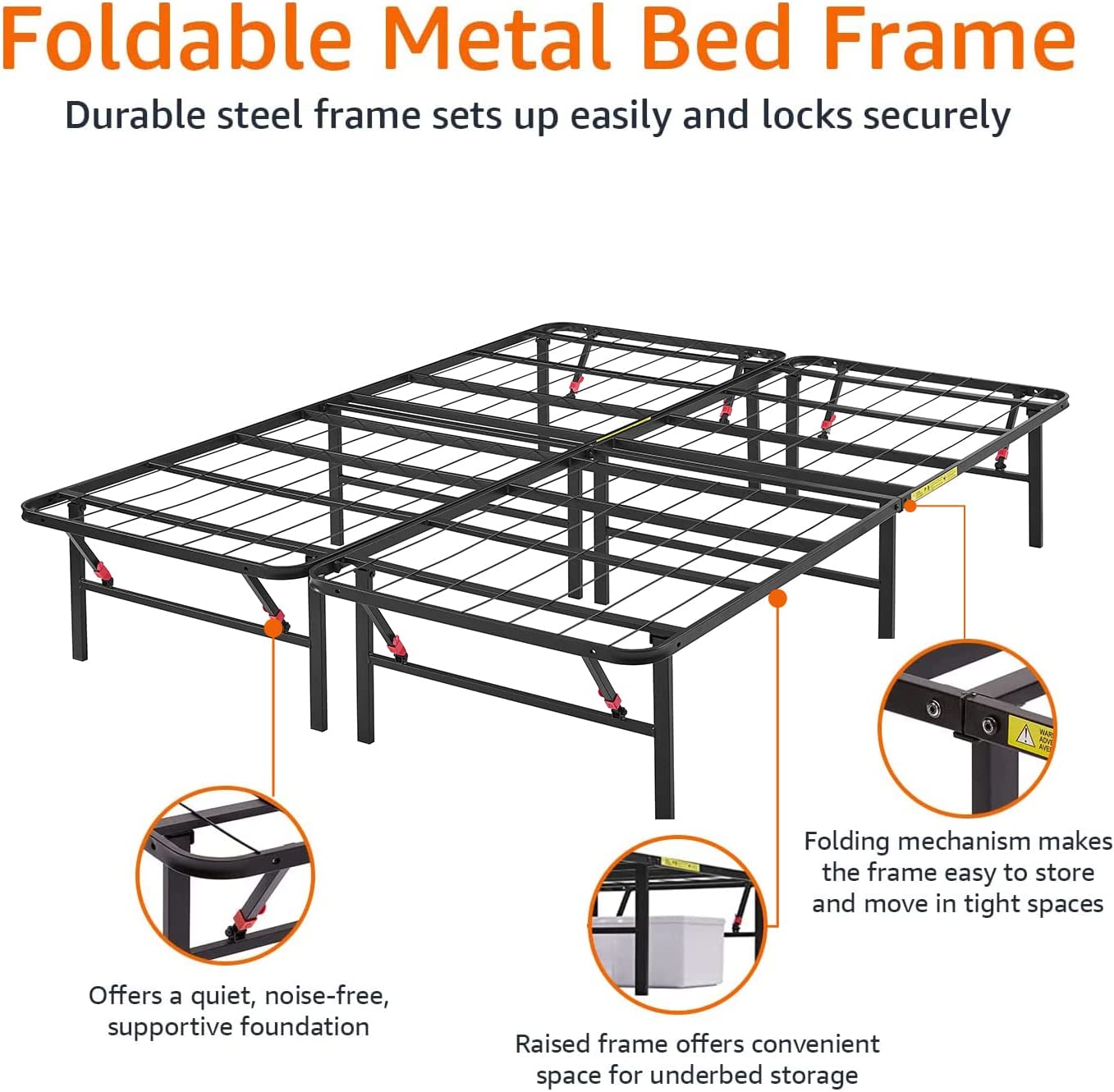 Foldable Metal Platform Bed Frame Queen Black 7k