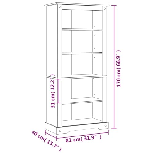 5-Tier Rustic Pinewood Bookcase with Shelves k7m