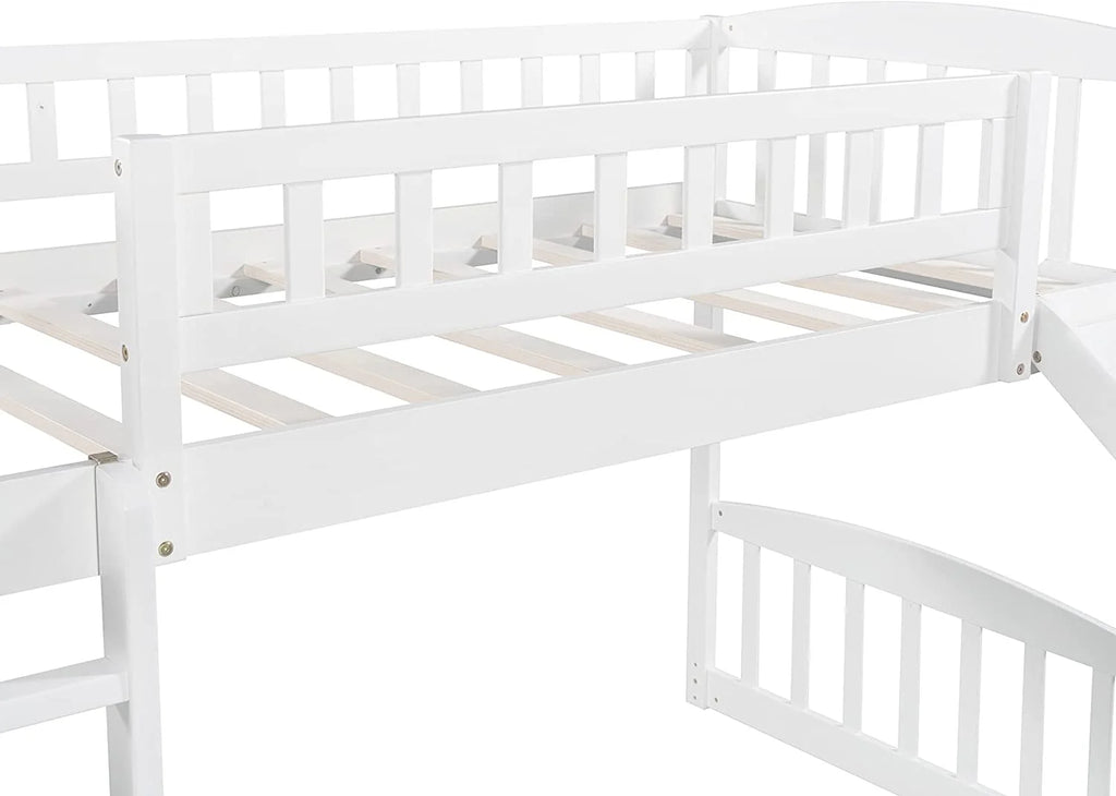 Loft Bed with Slide and Stairs, Wooden Frame with Storage, White k7