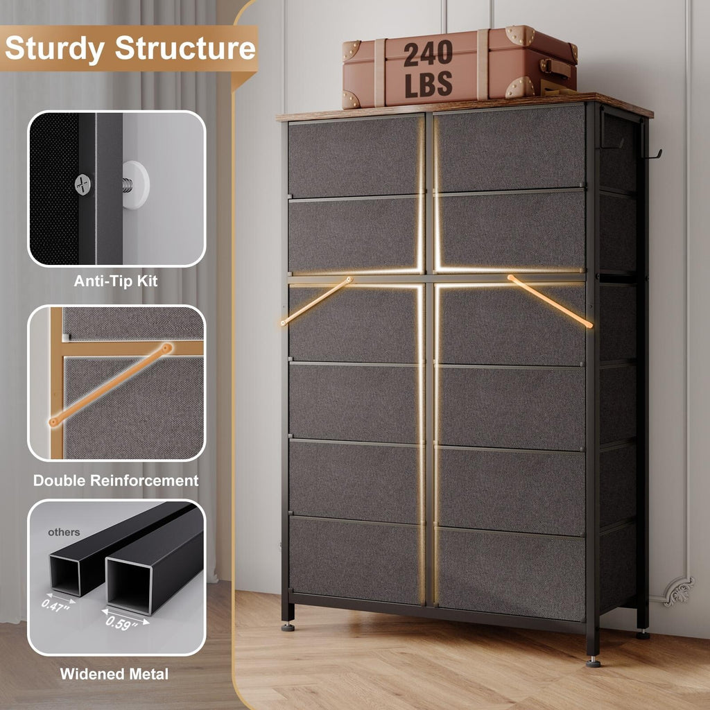 12 Drawer Dresser Tall Fabric Chest for Bedroom Rustic Brown k7