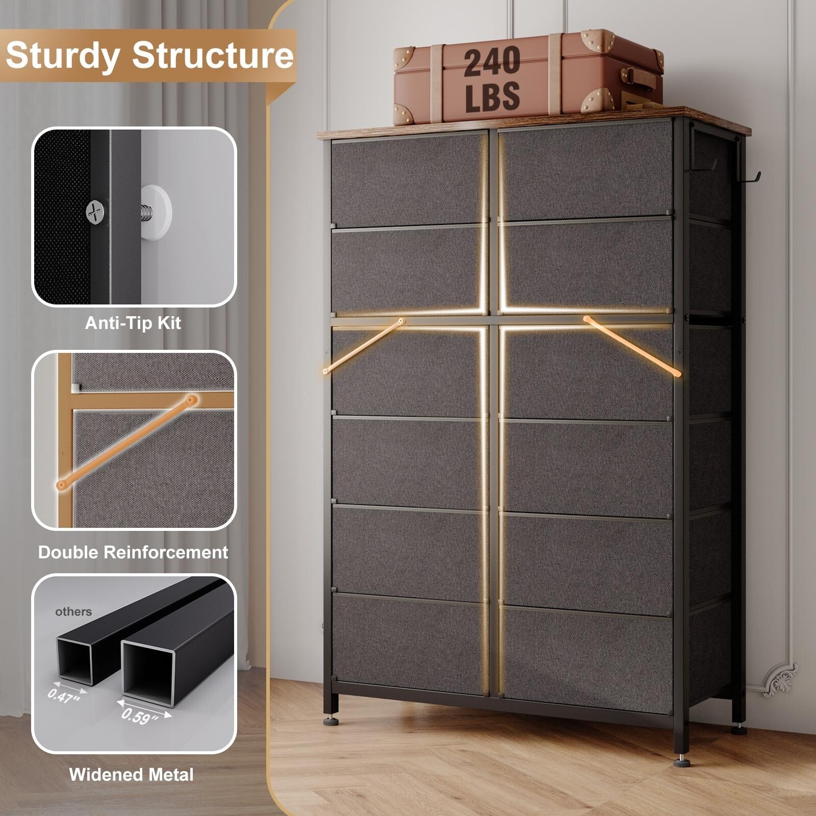 12 Drawer Dresser Tall Fabric Chest for Bedroom Rustic Brown k7