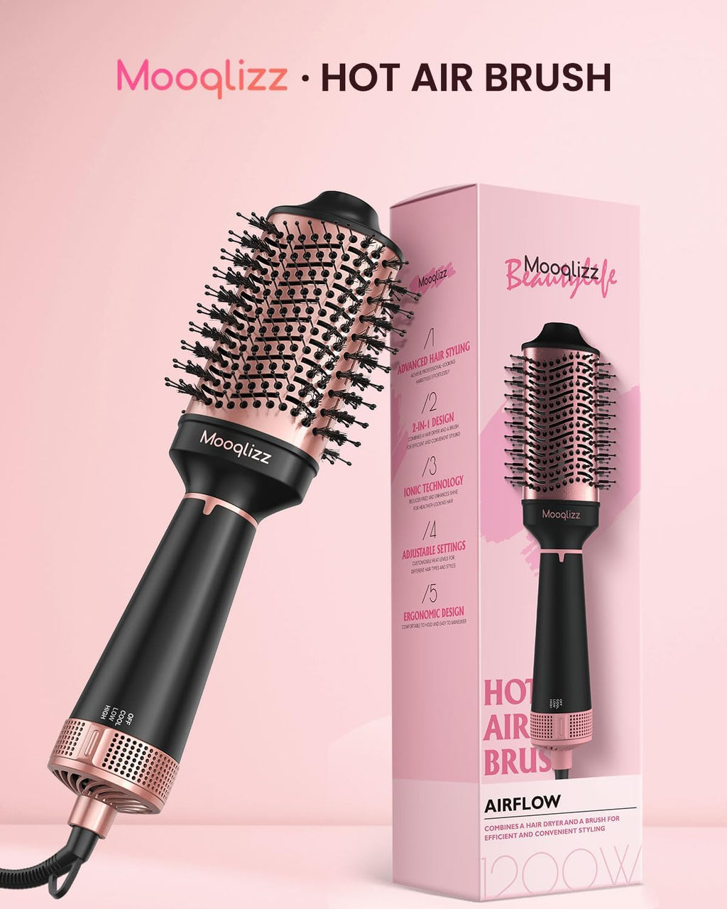Hair Dryer Brush Volumizer Round Brush 4 in 1 Fast Drying Pink Black k7